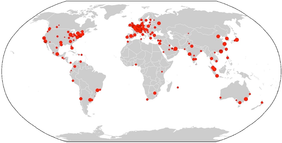 Map showing the distribution of GaWC-ranked world cities - 2010